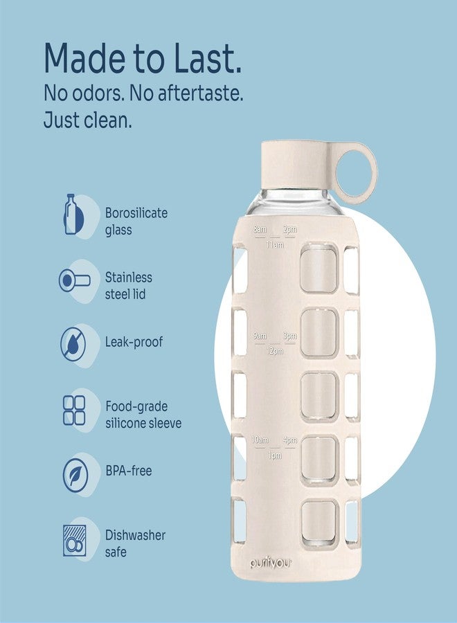 purifyou 40oz / 32oz / 22oz / 12oz Borosilicate Glass Water Bottle with Time & Volume Markers, Silicone Sleeve, Stainless Steel Lid | Reusable Glass Bottle for Water & Juice (22oz Pearled Ivory) - Image 4